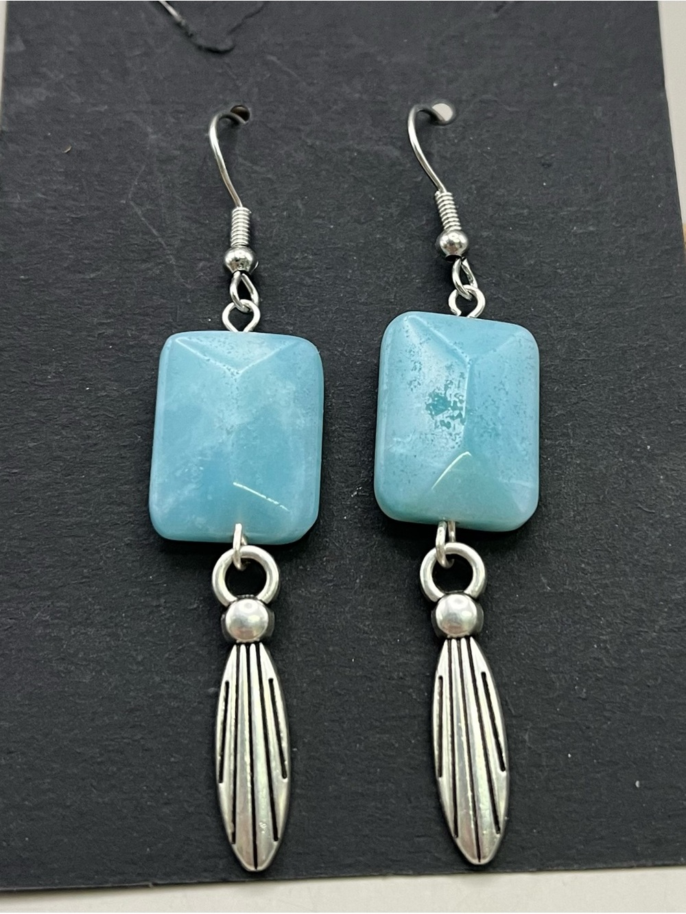 Amazonite Rectangle Dangle Earrings Silver Tone Leaf Drop Boho Beach Blue